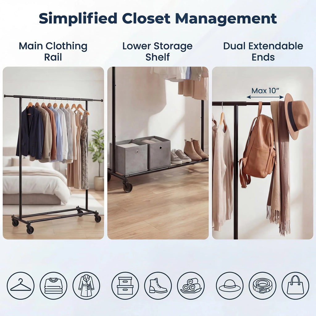 Tangkula Rolling Clothes Rack with Extendable Hanging Rods (41"-61.5" L)