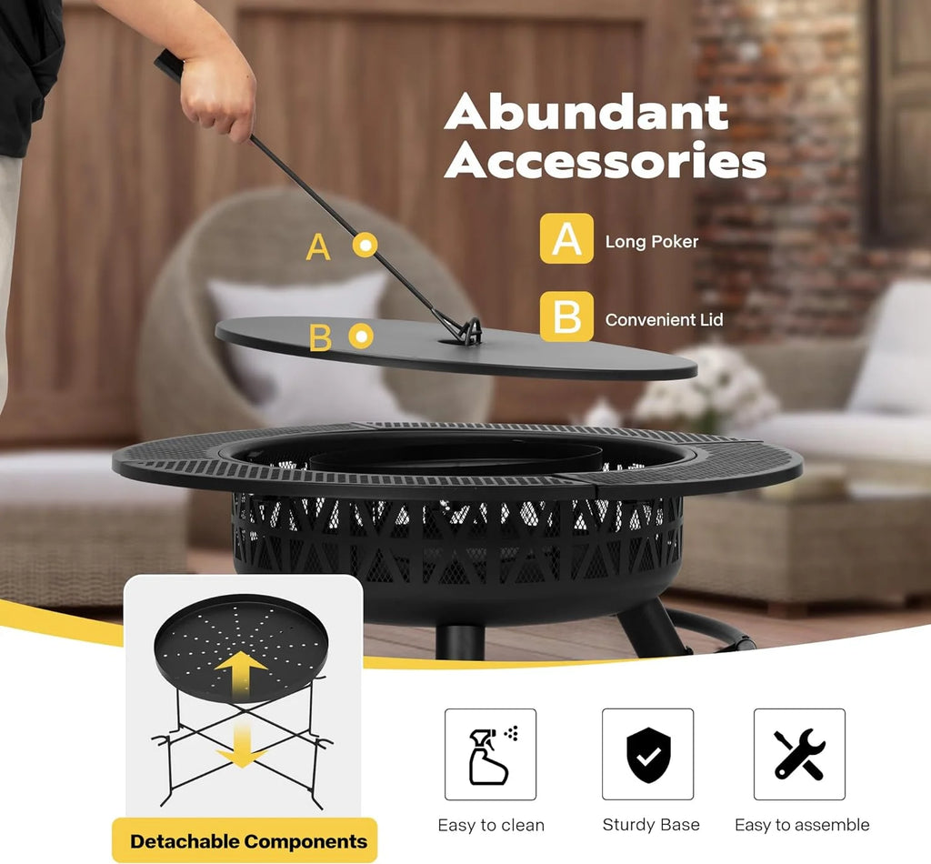 SPECSTAR 3 - in - 1 Fire Pit35 in Wood Burning Firepits with Cooking Grill Grate & Charcoal Pan & Cover Lid, Metal Table for Backyard Bonfire BBQ Outdoor Camping Picnic