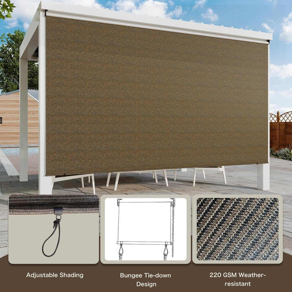 AECOJOY Outdoor Roller Shade, 8'(W) x8'(H) Sun Shade Cover Canopy, Mocha&Gray