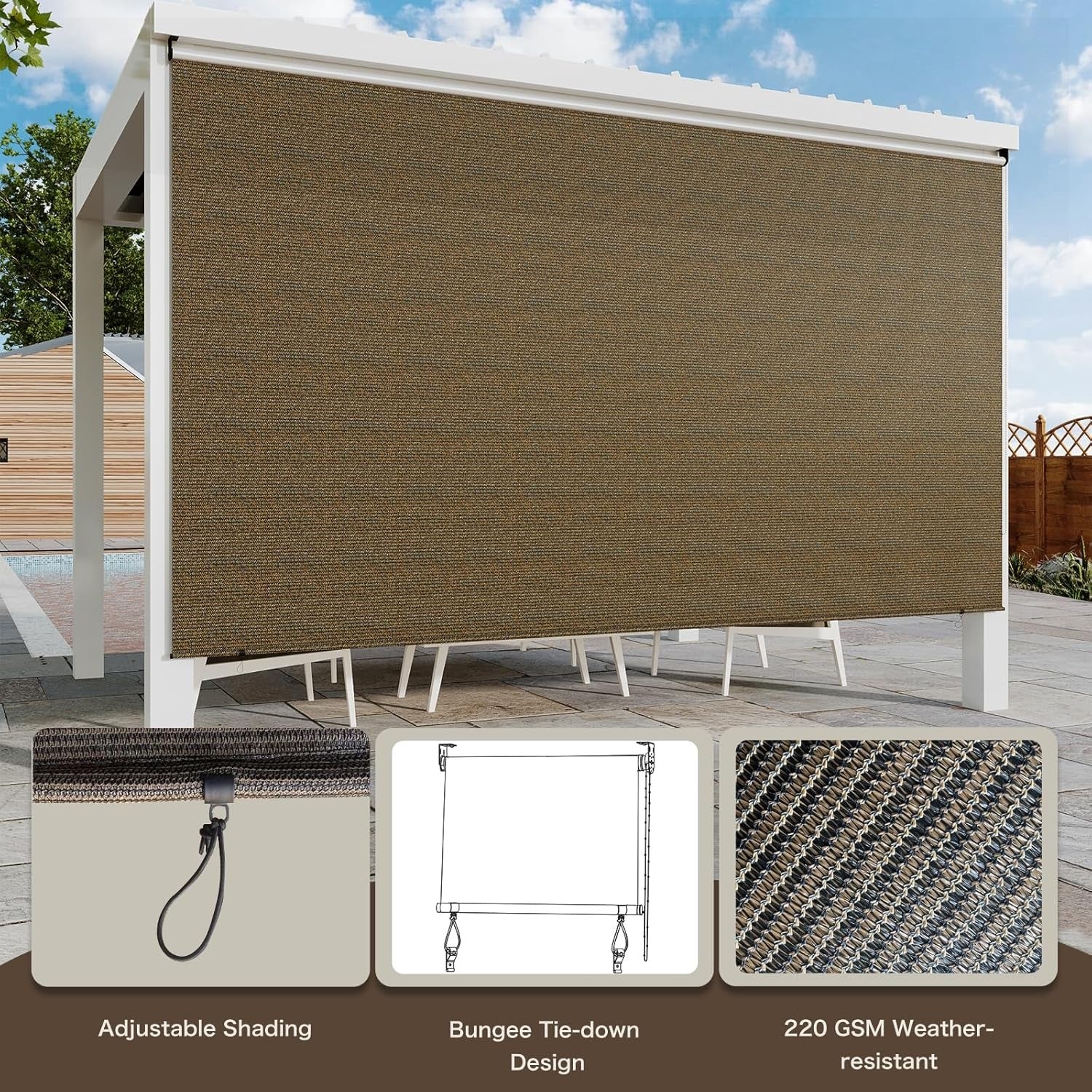 AECOJOY Outdoor Roller Shade, 8'(W) x8'(H) Sun Shade Cover Canopy, Mocha&Gray