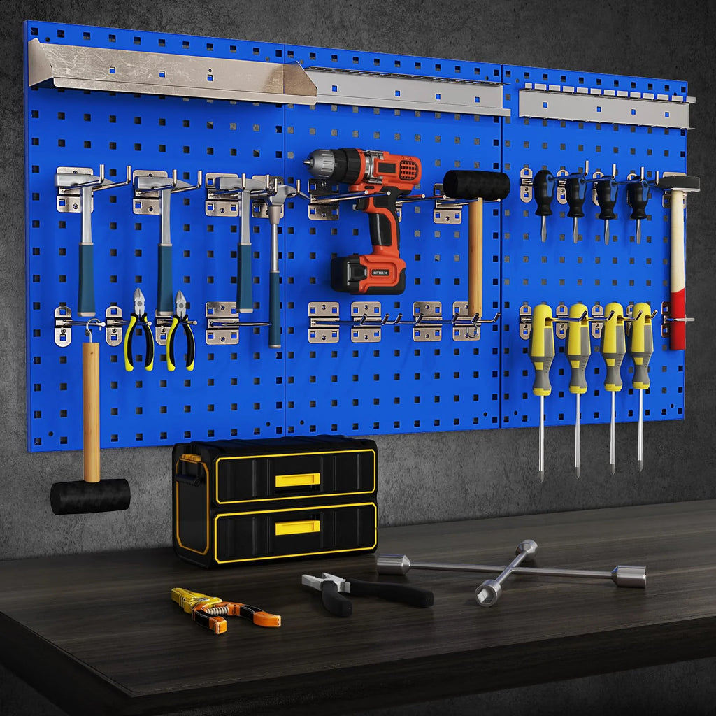 3 Pcs Metal Pegboard Panels w/25 Hooks, Storage Platform & Square Hole, Heavy Duty Pegboard Wall Organizer, Peg Board for Workshop Tool Storage