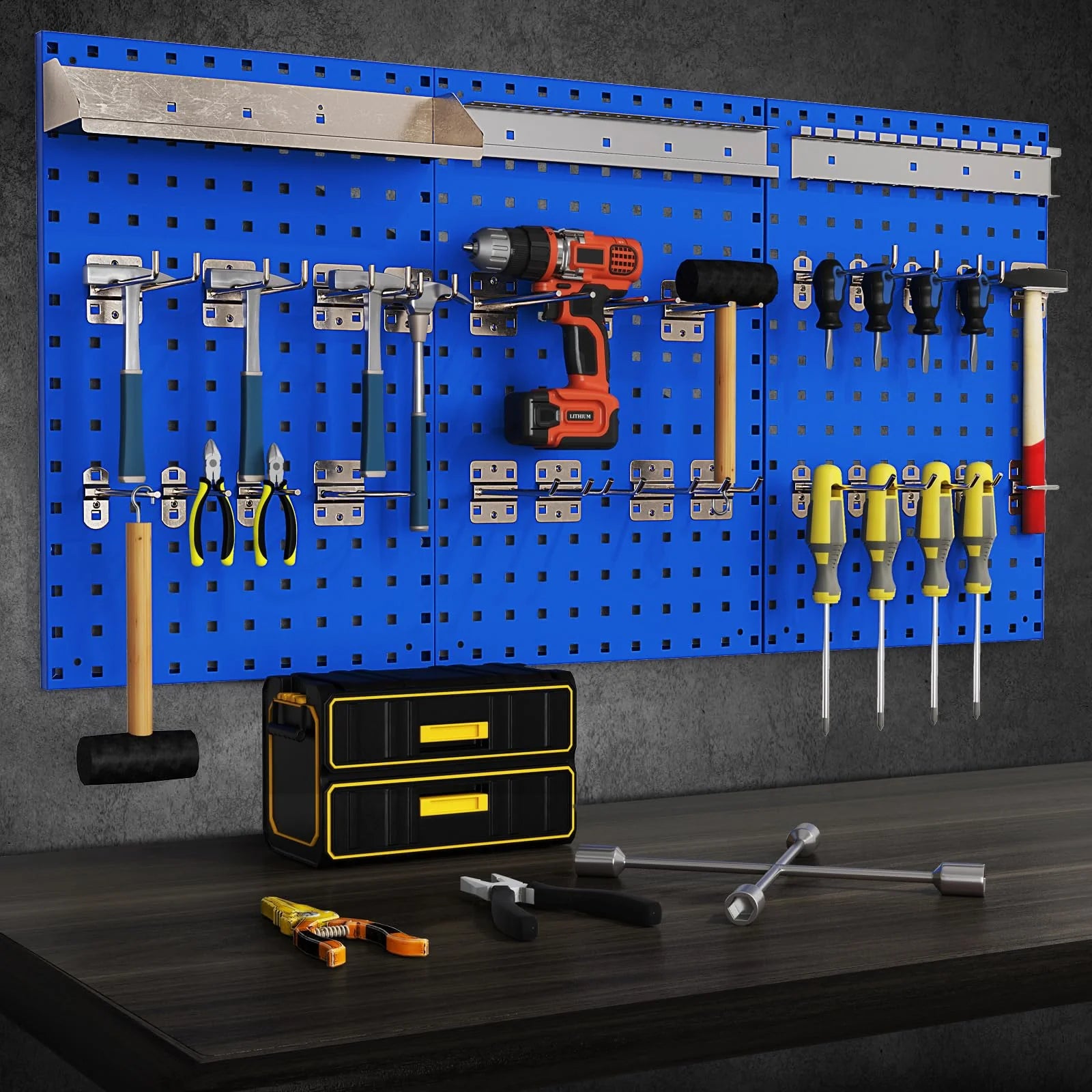 3 Pcs Metal Pegboard Panels w/25 Hooks, Storage Platform & Square Hole, Heavy Duty Pegboard Wall Organizer, Peg Board for Workshop Tool Storage
