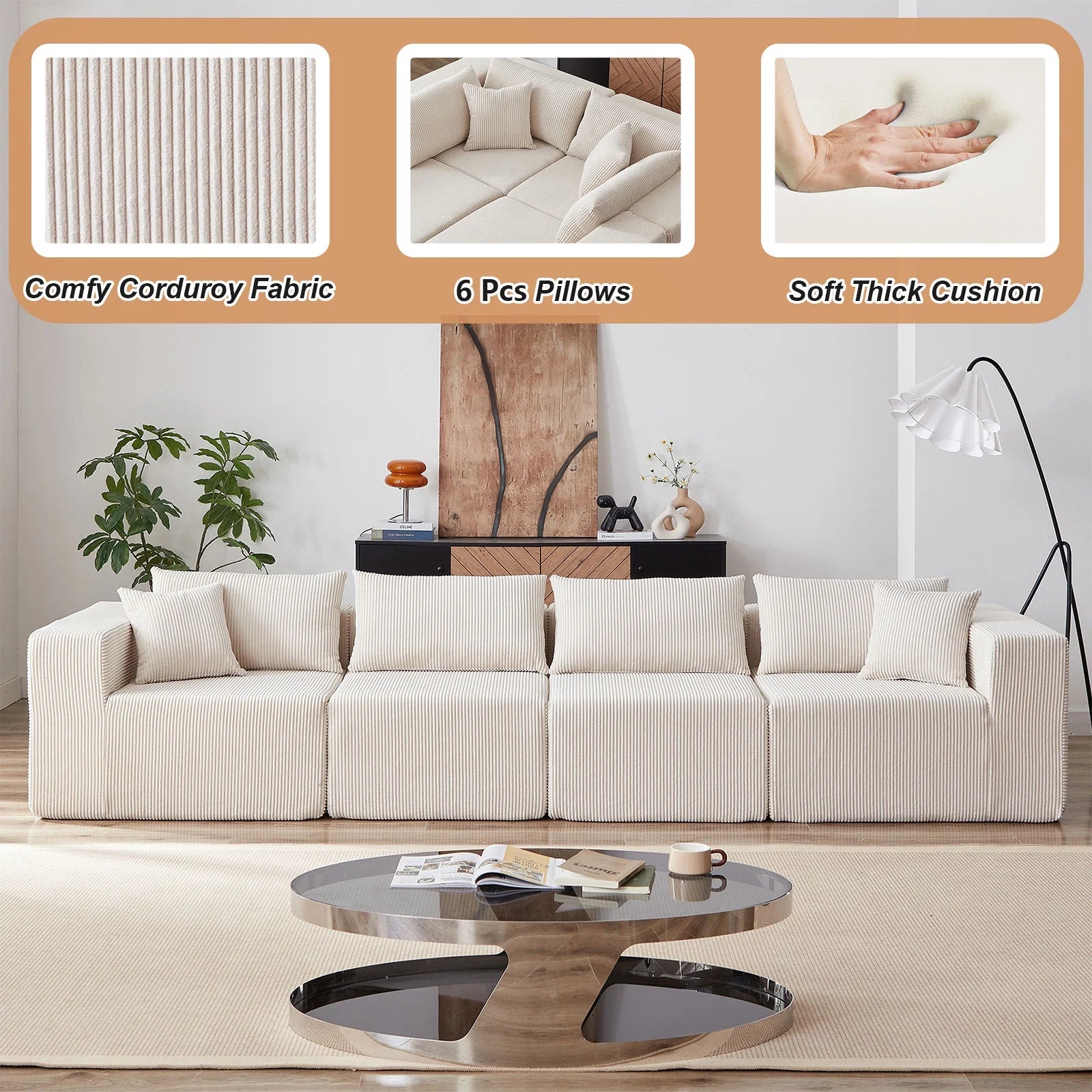 104 - Inch Corduroy Modular L Shaped Sectional Sofa, Luxury Floor Couch Set, Upholstered Indoor Furniture, Foam - Filled Compressed Sofa for Living Room, Bedroom, 4 PC Free Combination ?