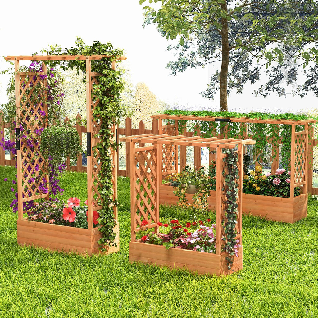 Raised Garden Bed with Arch Trellis & Hanging Roof, Freestanding Fir Wood Elevated Planter Box with Drainage Holes for Climbing Plants Flowers Vines