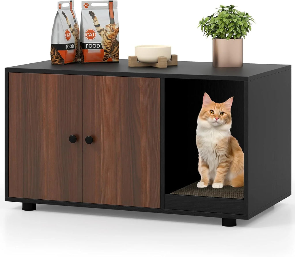 Tangkula Cat Litter Box Enclosure | Hidden Litter Box Furniture with Scratching Board
