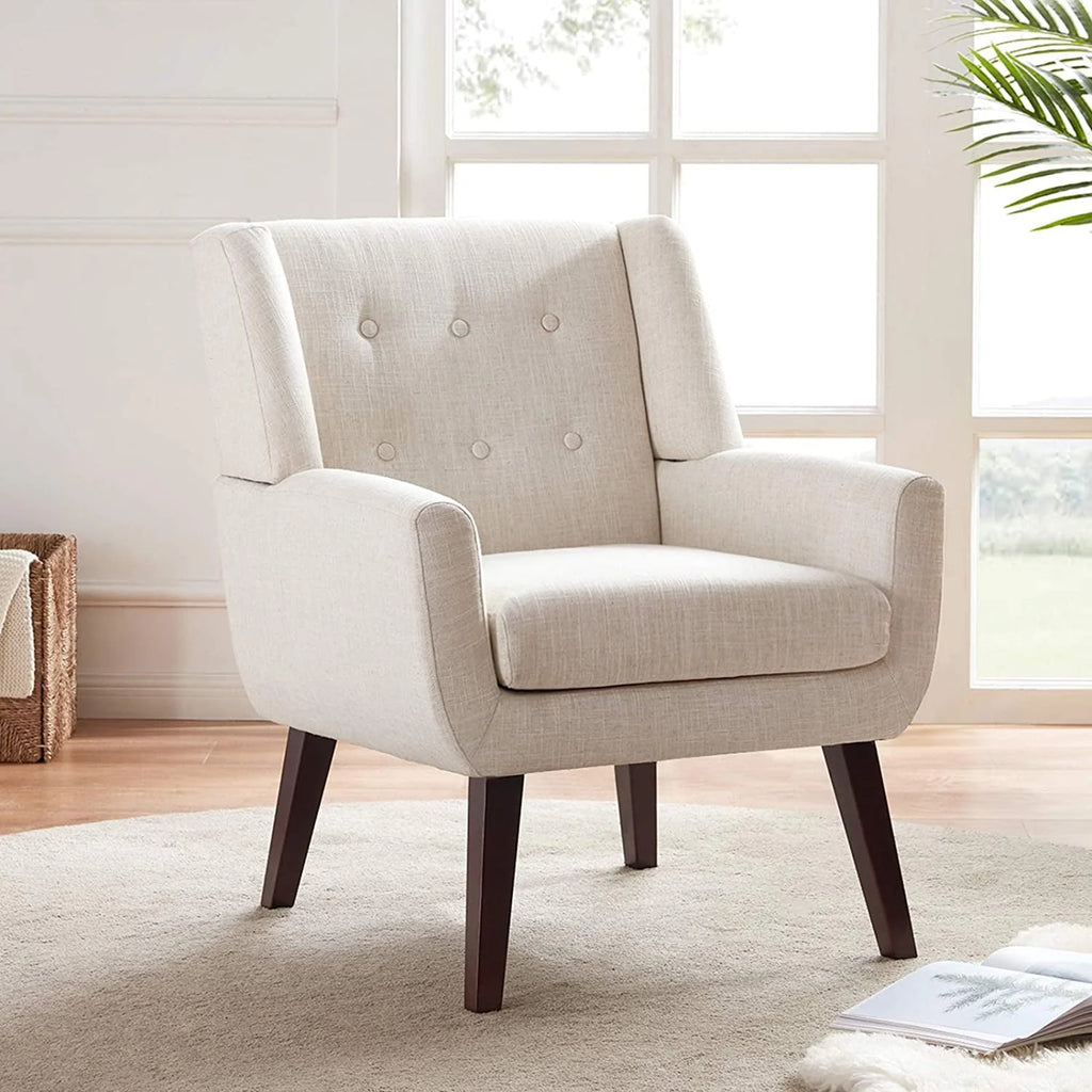 HUIMO Accent Chair, Button - Tufted Upholstered Living Room Chairs, Mid Century Modern Comfy Reading Chairs for Bedroom, Living Room, Beige