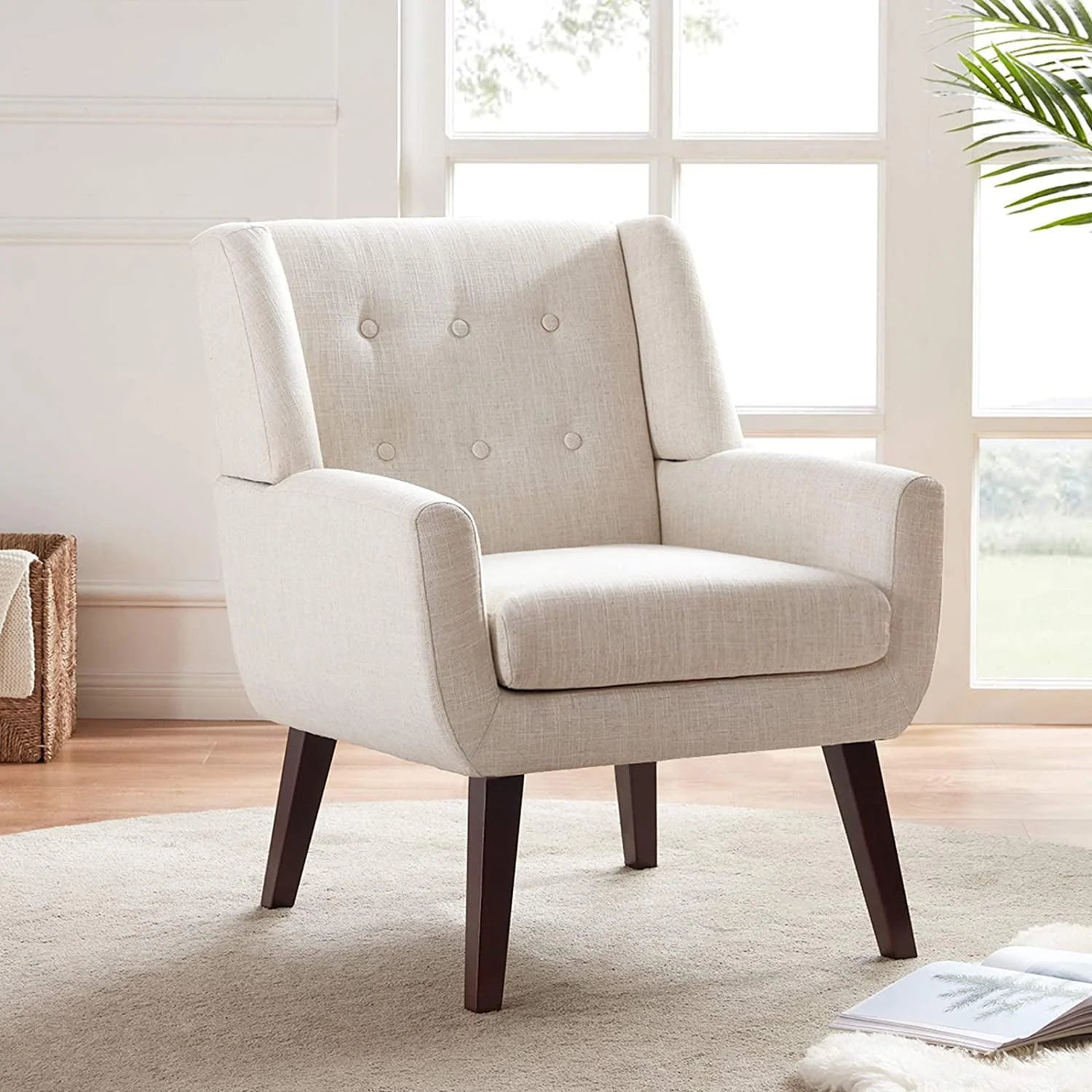 HUIMO Accent Chair, Button - Tufted Upholstered Living Room Chairs, Mid Century Modern Comfy Reading Chairs for Bedroom, Living Room, Beige