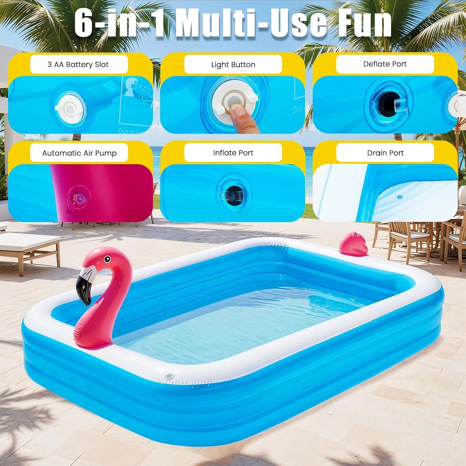AECOJOY 119"x86"x21“ Inflatable Pool with LED Lights, 3 Light Modes, 3-Ring Blow Up Pool for Adults & Kids(Includes Electric Air Pump)