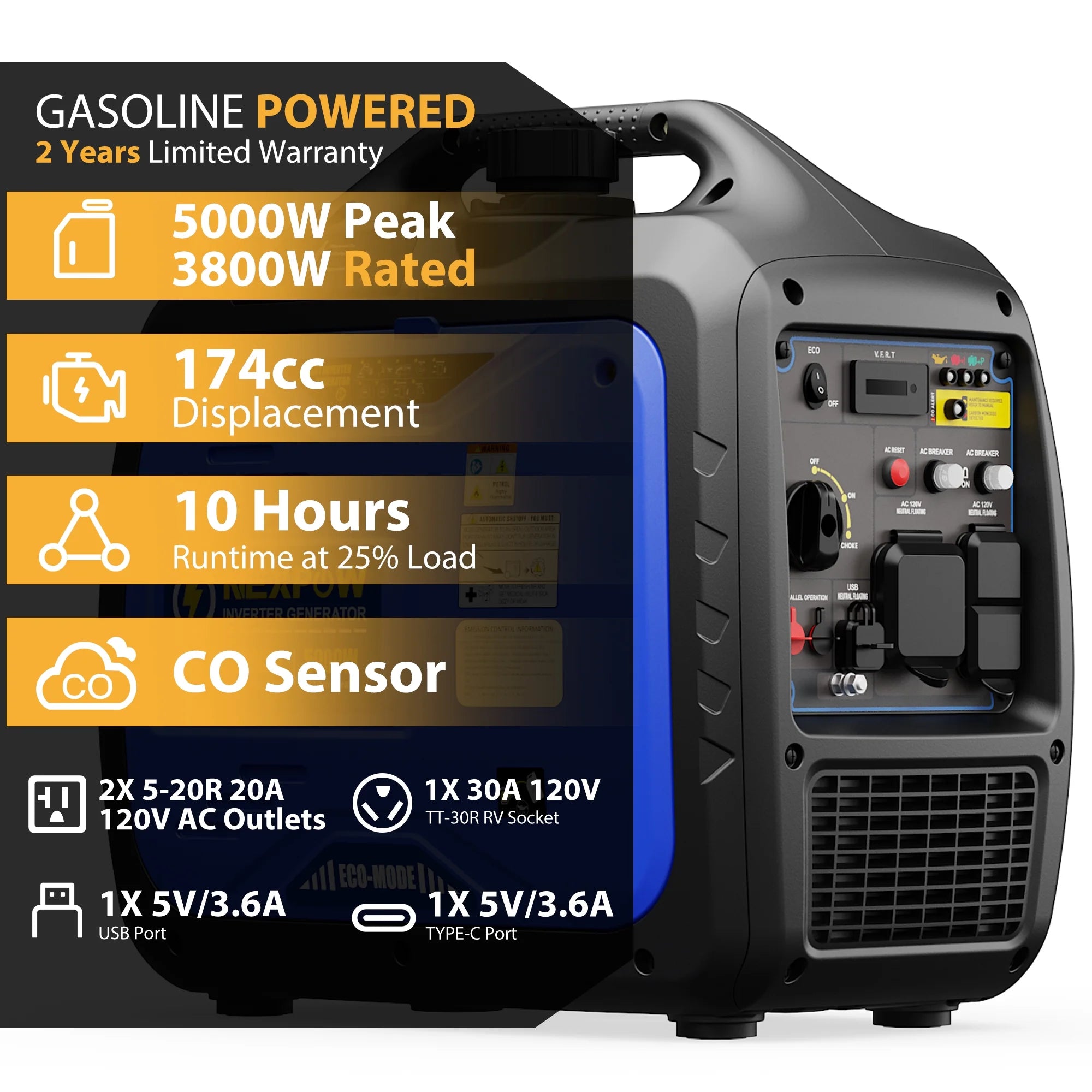 NEXPOW 2250W Portable Inverter Generator, Gasoline Power Quiet Lightweight for Backup Home & Camping, Eco - Mode Feature, Parallel Capability, EPA Compliant