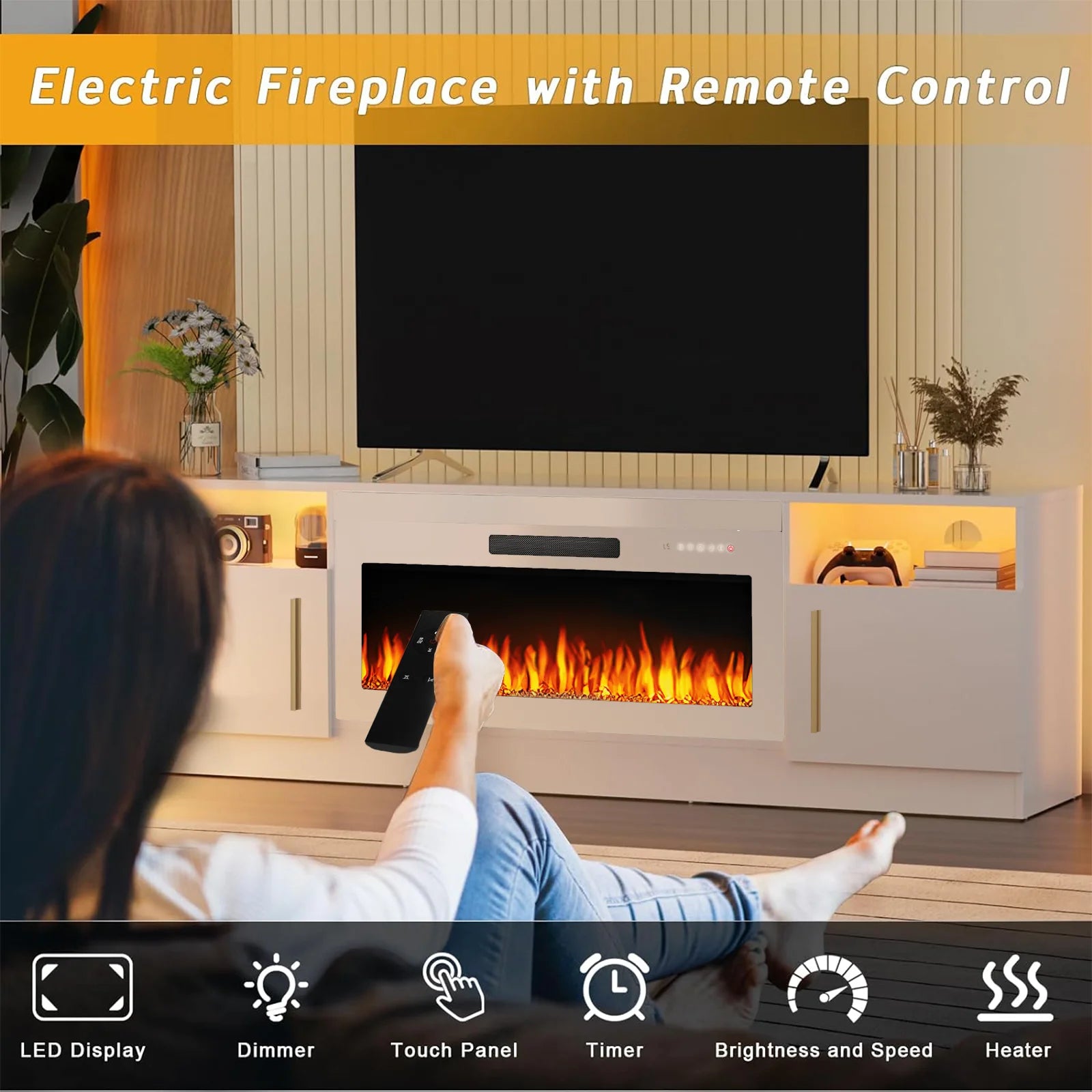 Waleaf Fireplace TV Stand with 36" Electric Fireplace up to 80" Tvs, Modern Wood Media TV Console with Highlight Cabinet, White