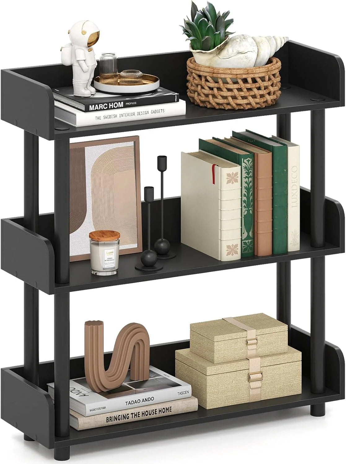 Tangkula 3-Tier Bookshelf Multipurpose Wood Standing Display Rack with Back and Side Panels