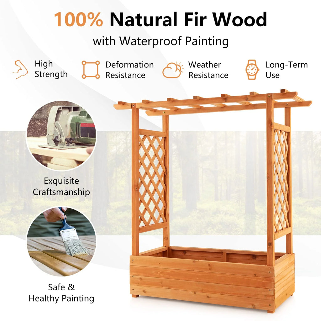 Raised Garden Bed with Arch Trellis & Hanging Roof, Freestanding Fir Wood Elevated Planter Box with Drainage Holes for Climbing Plants Flowers Vines