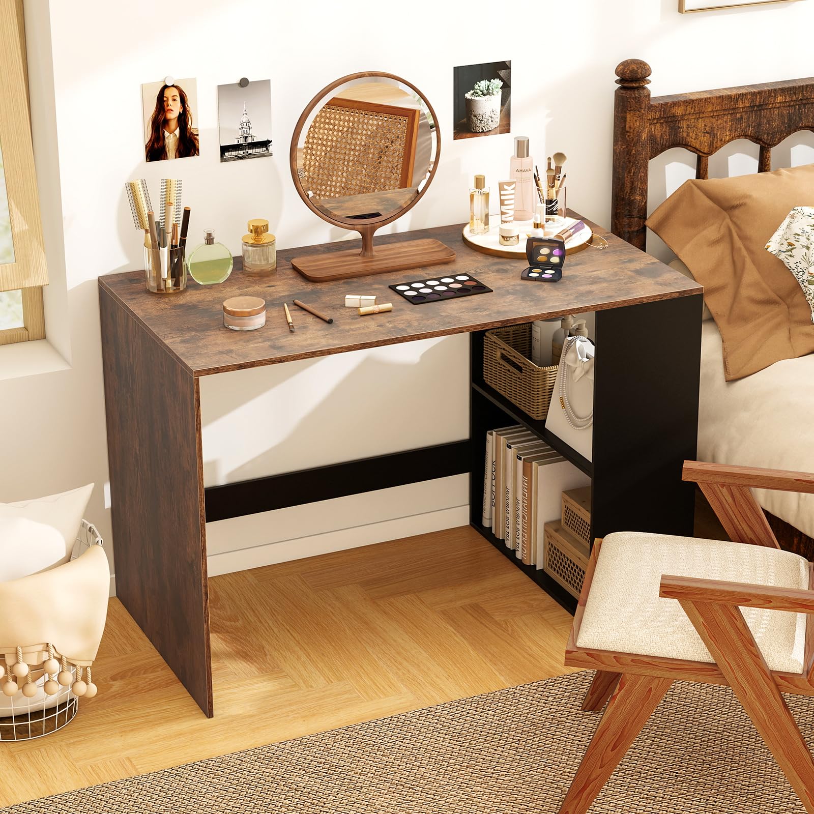 Tangkula 44 Inch Wooden Computer Desk with Bookshelf for Small Space