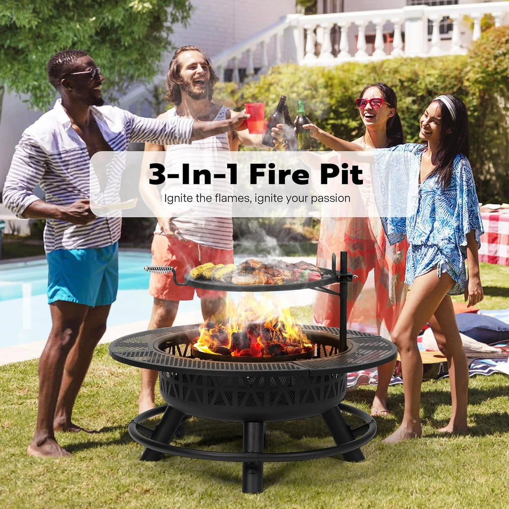 SPECSTAR 3 - in - 1 Fire Pit35 in Wood Burning Firepits with Cooking Grill Grate & Charcoal Pan & Cover Lid, Metal Table for Backyard Bonfire BBQ Outdoor Camping Picnic