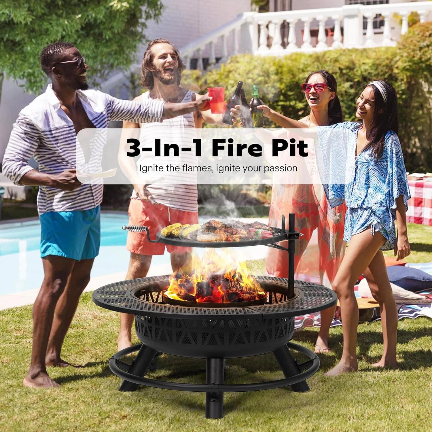 SPECSTAR 3 - in - 1 Fire Pit35 in Wood Burning Firepits with Cooking Grill Grate & Charcoal Pan & Cover Lid, Metal Table for Backyard Bonfire BBQ Outdoor Camping Picnic