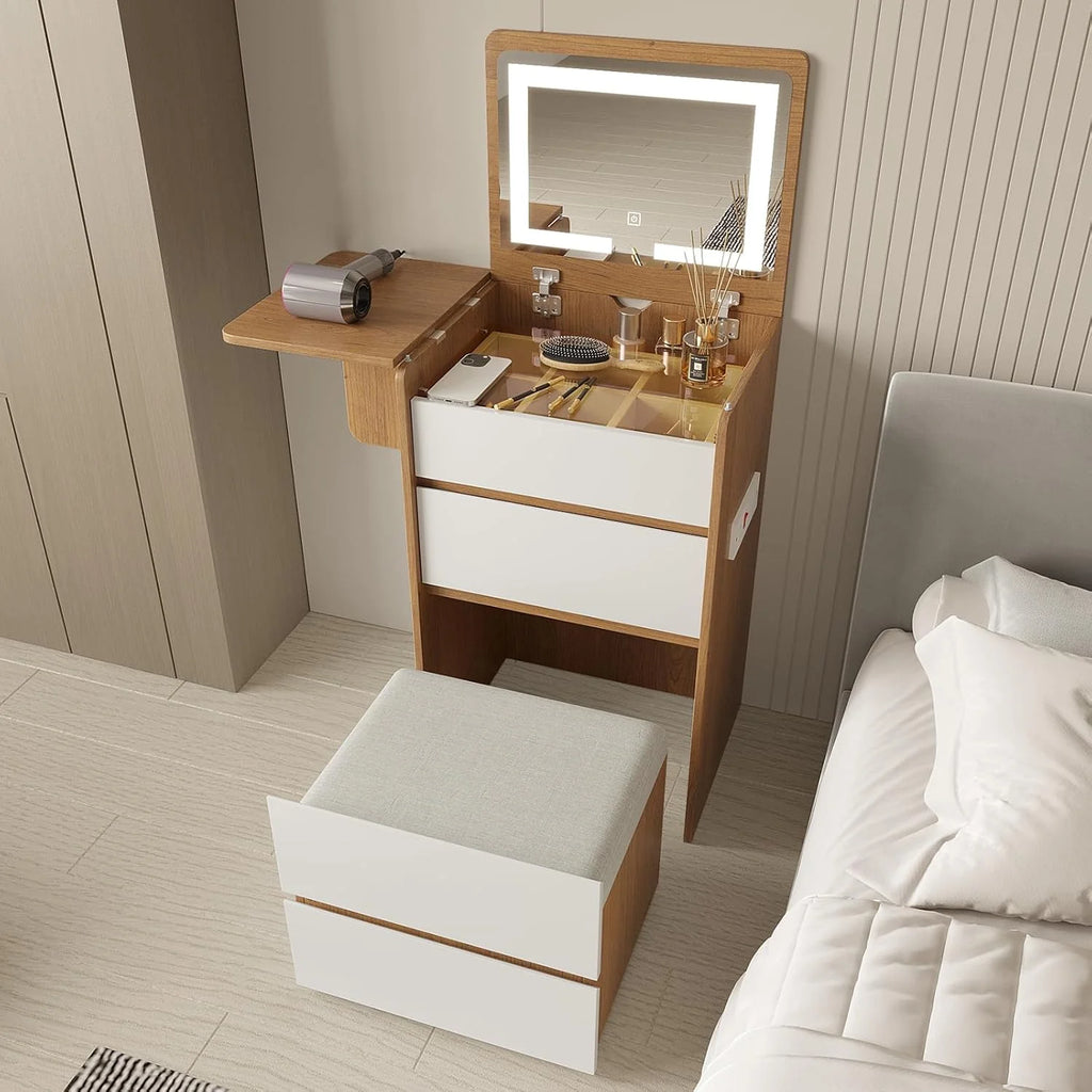 Vanity Desk with Flip Top Lighted Mirror, Compact Makeup Table with Storage Stool, Integrated Vanity with Drawers, 3 - in - 1 Vanity Set, Small Dressing Desk for Bedroom