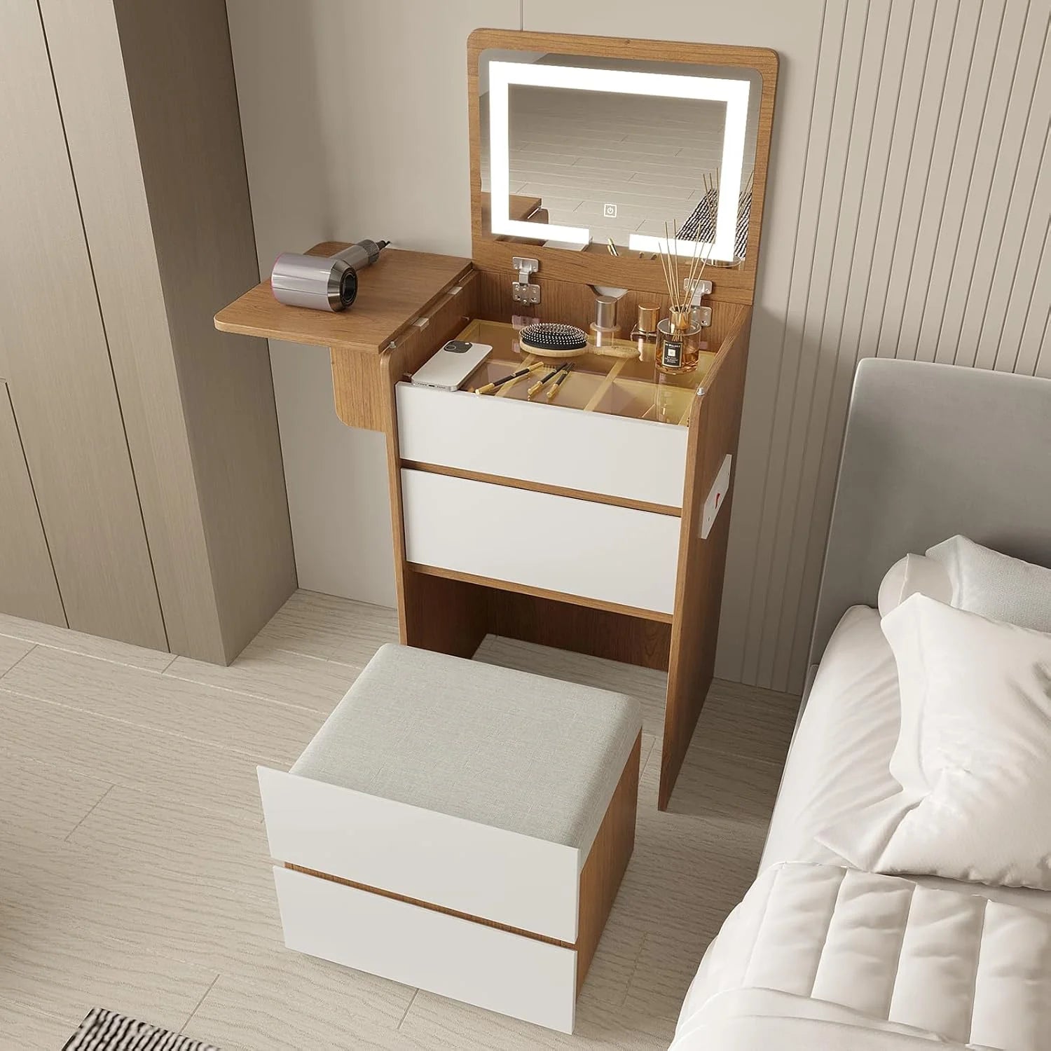 Vanity Desk with Flip Top Lighted Mirror, Compact Makeup Table with Storage Stool, Integrated Vanity with Drawers, 3 - in - 1 Vanity Set, Small Dressing Desk for Bedroom
