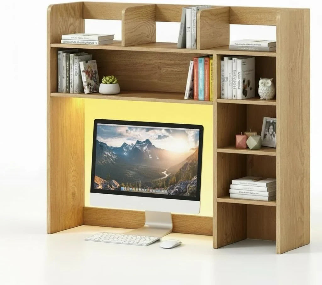 Tangkula Desktop Bookshelf with LED Lights | Desk Hutch with 8 Shelves for Max 25" Monitor