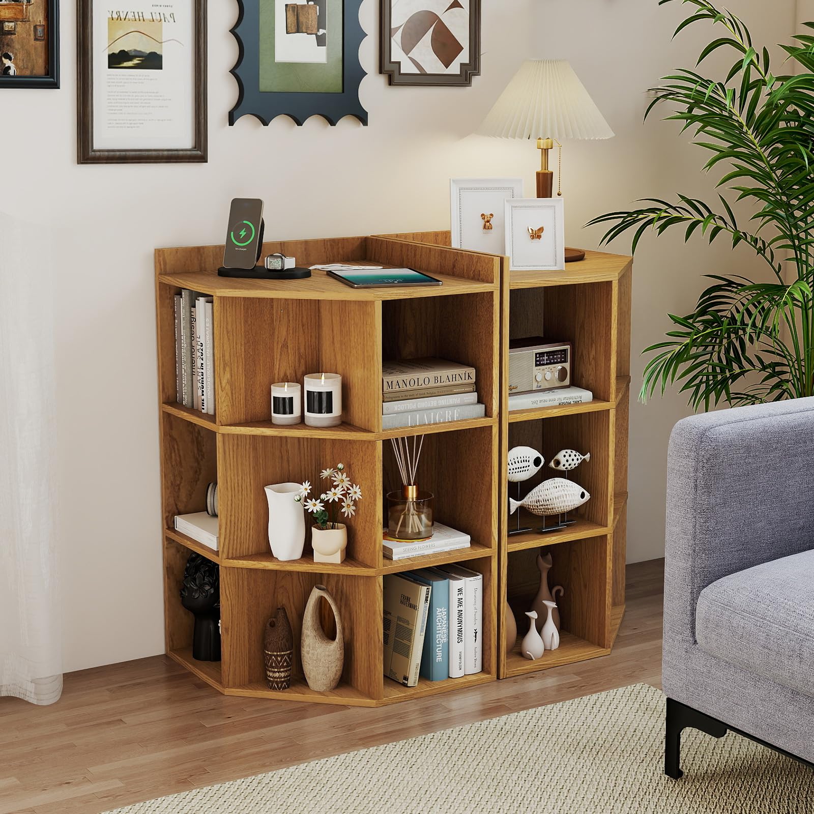 Tangkula 9 Cube Corner Bookshelf with Charging Station