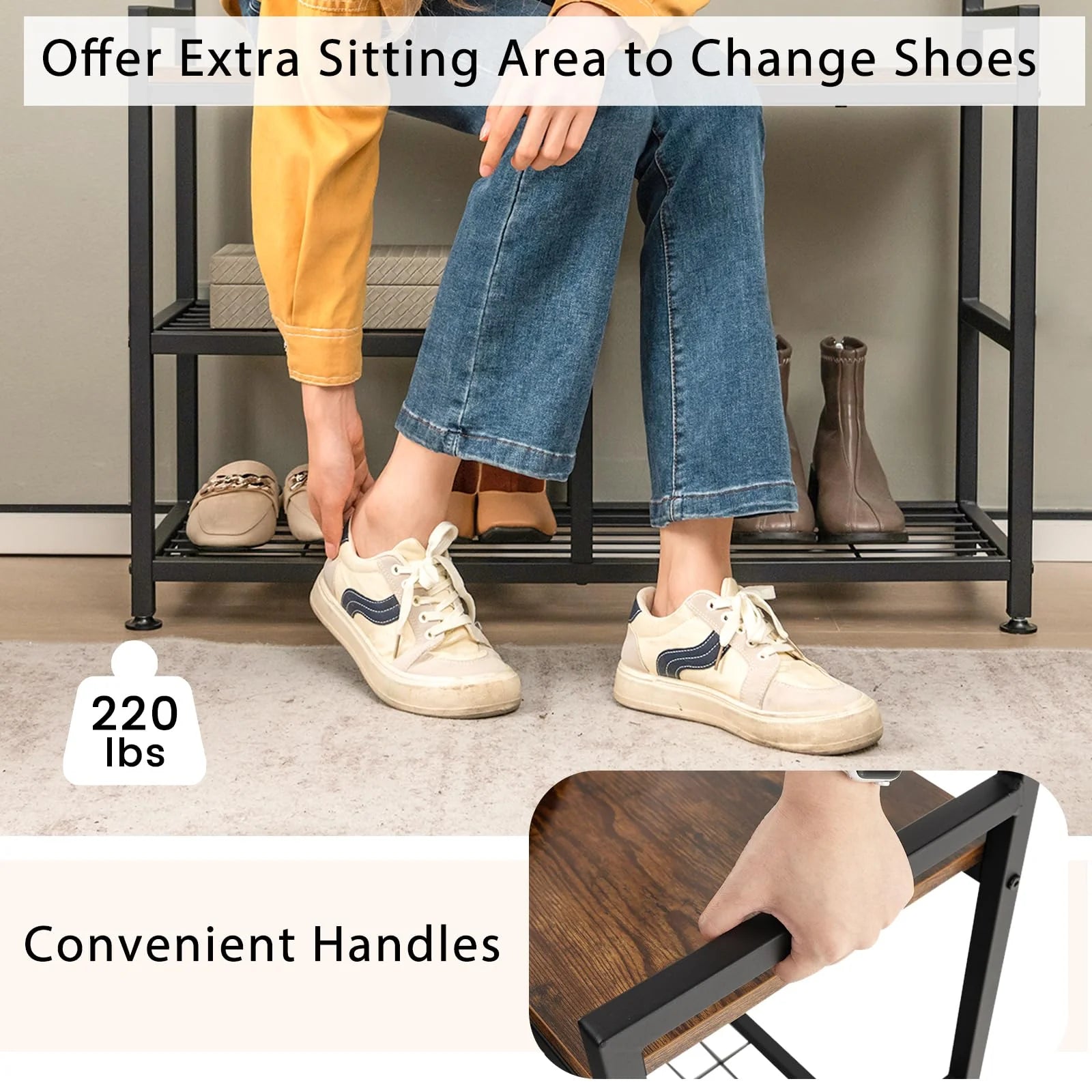Tangkula Coat Rack Shoe Bench, 3-in-1 Industrial Hall Tree w/Storage Bench & 9 Hanging Hooks, 3-Tier Wood Look Entryway Bench w/Metal Frame