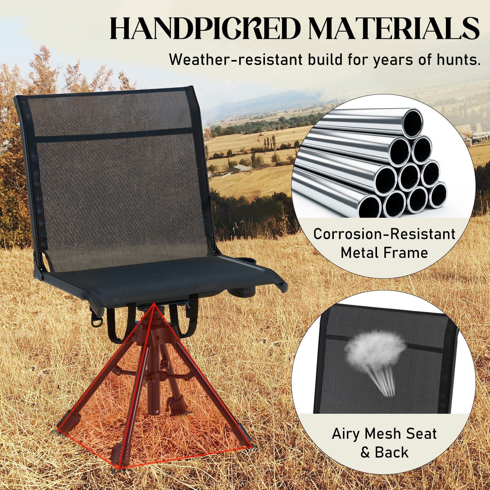 AECOJOY Hunting Chair Without Armrests, Lightweight Foldable Design, 360° Swivel for Blinds & Outdoor Use