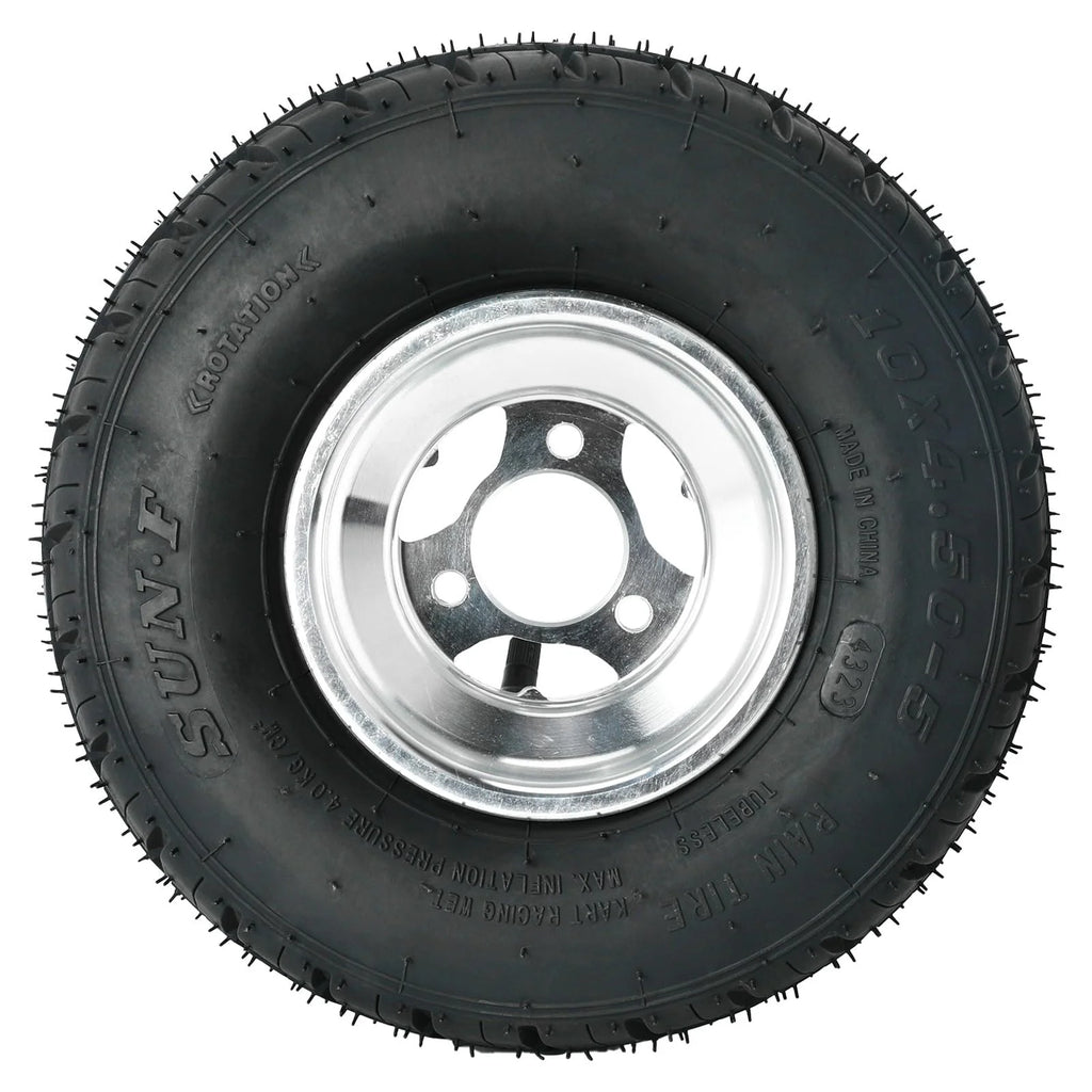 Set 4 Go Kart Tires and Rims, 10x4.50 - 5 Front Tubeless Tires Rims, 11x7.10 - 5 Rear Tires Rims, Go Cart Wheels and Tires Fit Bolt Pattern 58 Mm with 3 Holes Drift Trike, Buggy Lawn Mower