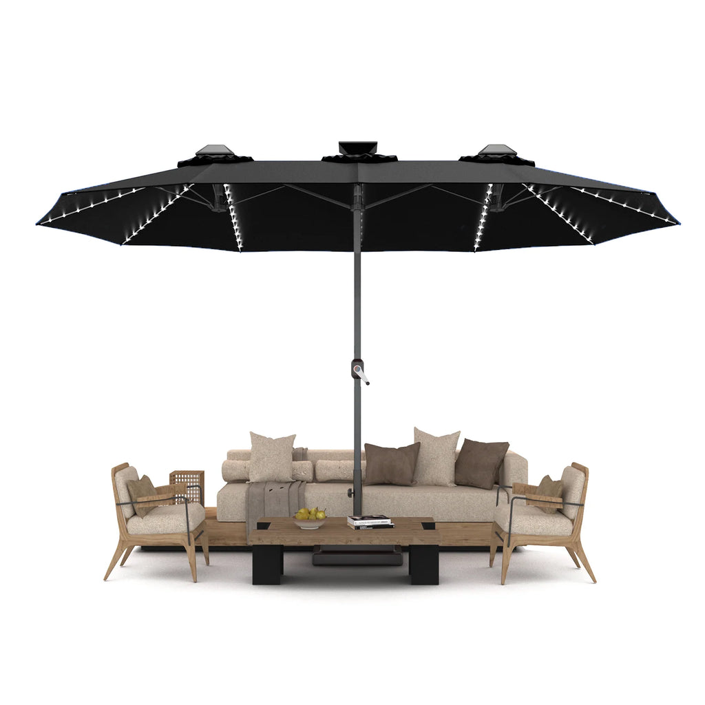 AECOJOY 15ft Patio Double-Sided Umbrella, 156 PCS Solar LED Light Outdoor Large Umbrella, Black