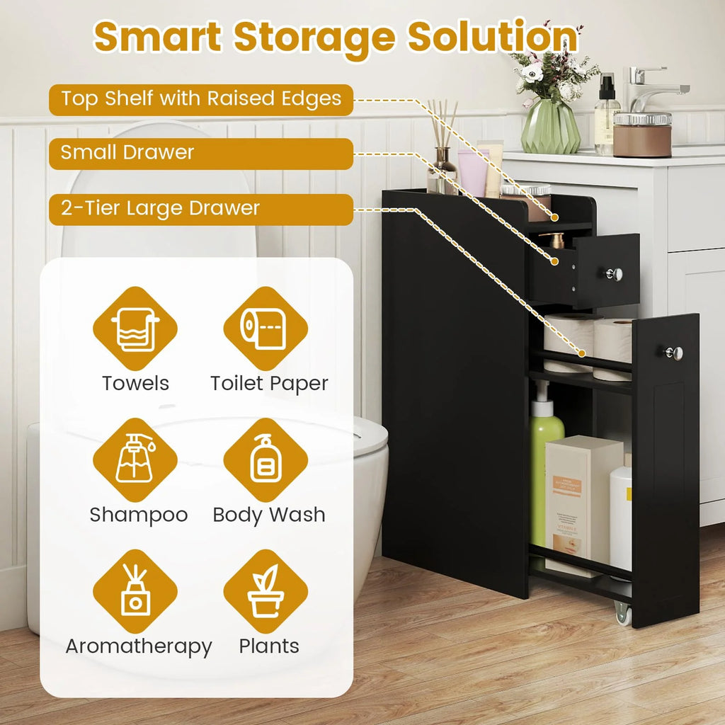 Tangkula Small Bathroom Storage Cabinet 4-Tier with Slide Out Drawers on Casters
