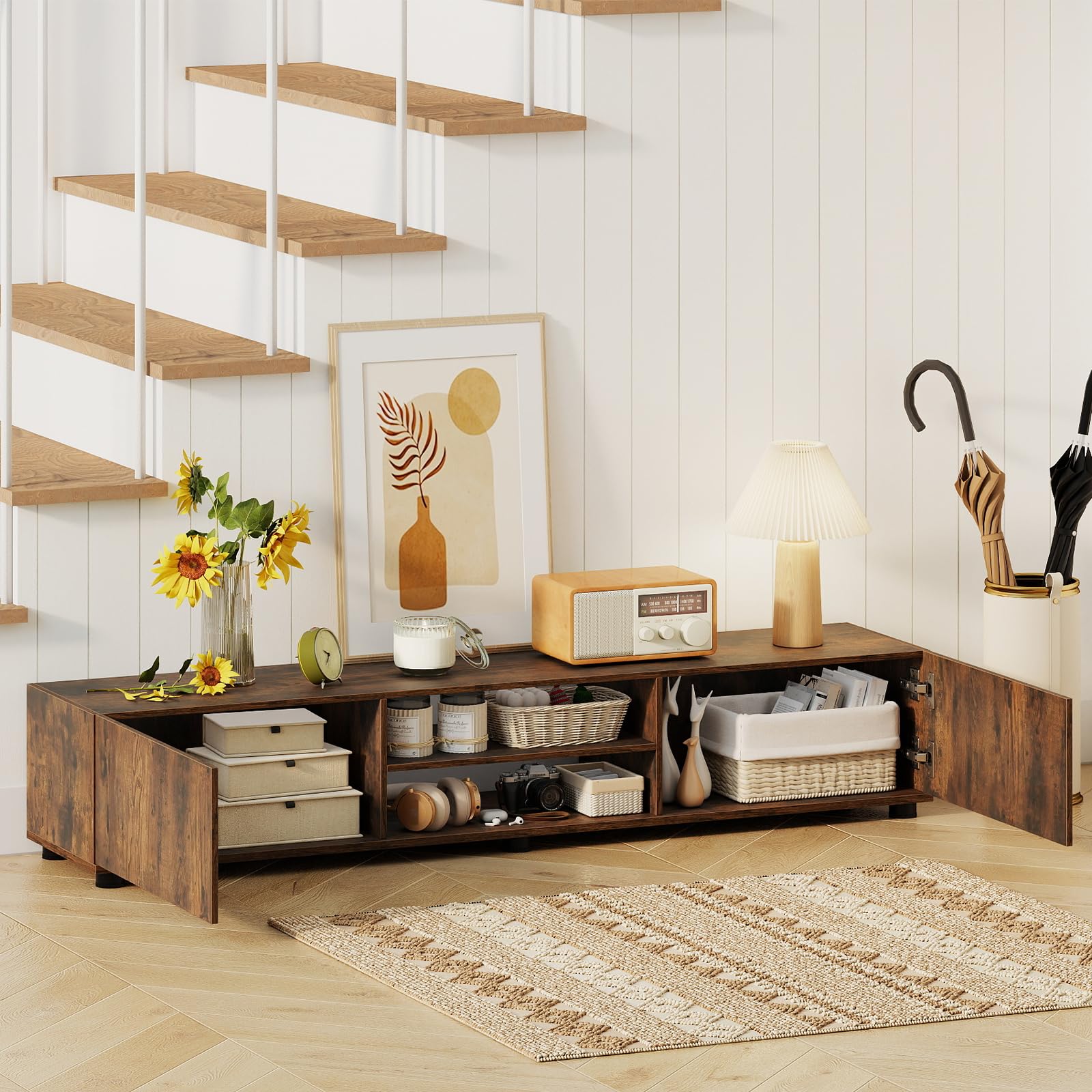Tangkula Modern TV Stand 63”L Minimalist Entertainment Center w/ 2 Doors & Open Shelves