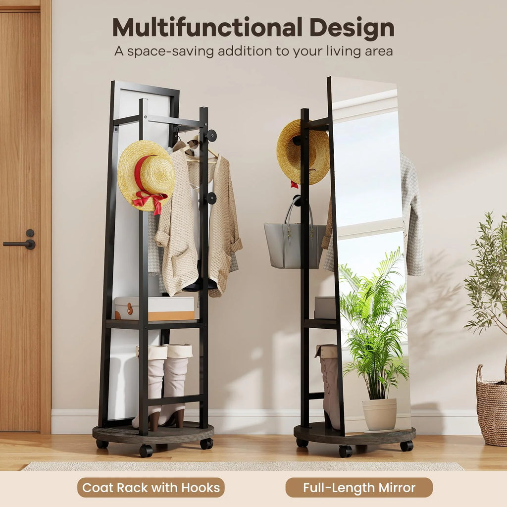 Tangkula Full Length Mirror with Coat Rack Swivel 55" Standing Floor Mirror on Wheels with Shelves