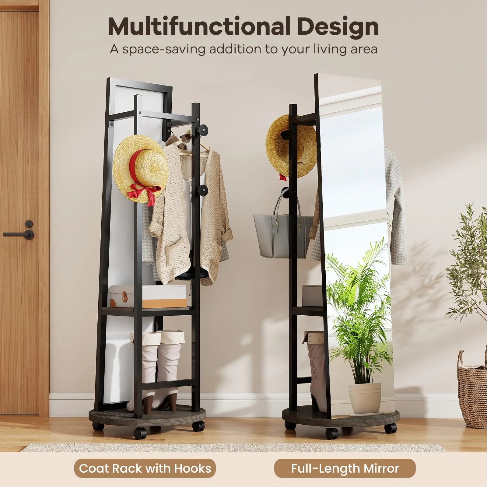 Tangkula Full Length Mirror with Coat Rack Swivel 55" Standing Floor Mirror on Wheels with Shelves
