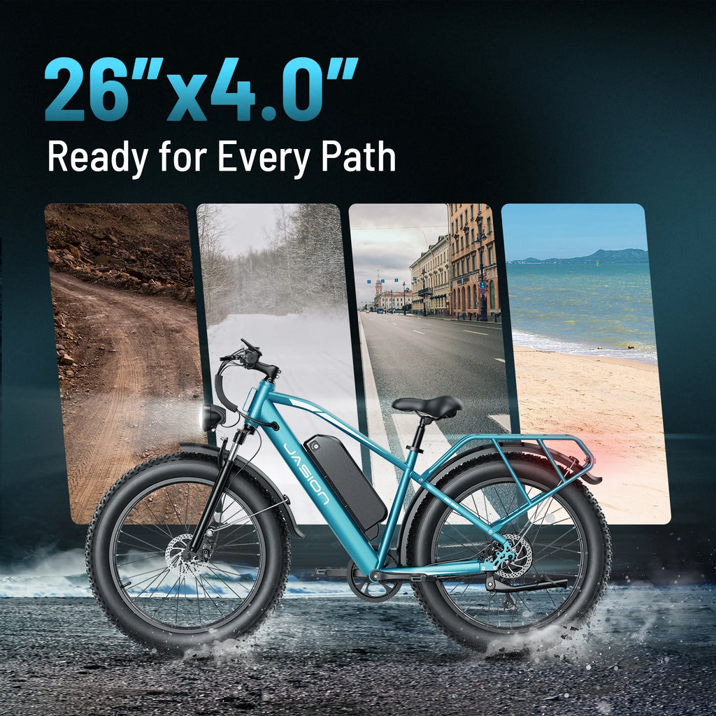 Jasion EB5 MAX Electric Bike for Adults, 750W Electric Mountain Bike with 48V 15ah Battery, 26'' Fat Tire Off - Road Ebike, 28MPH Shimano 7 Speed Bicycle UL2849