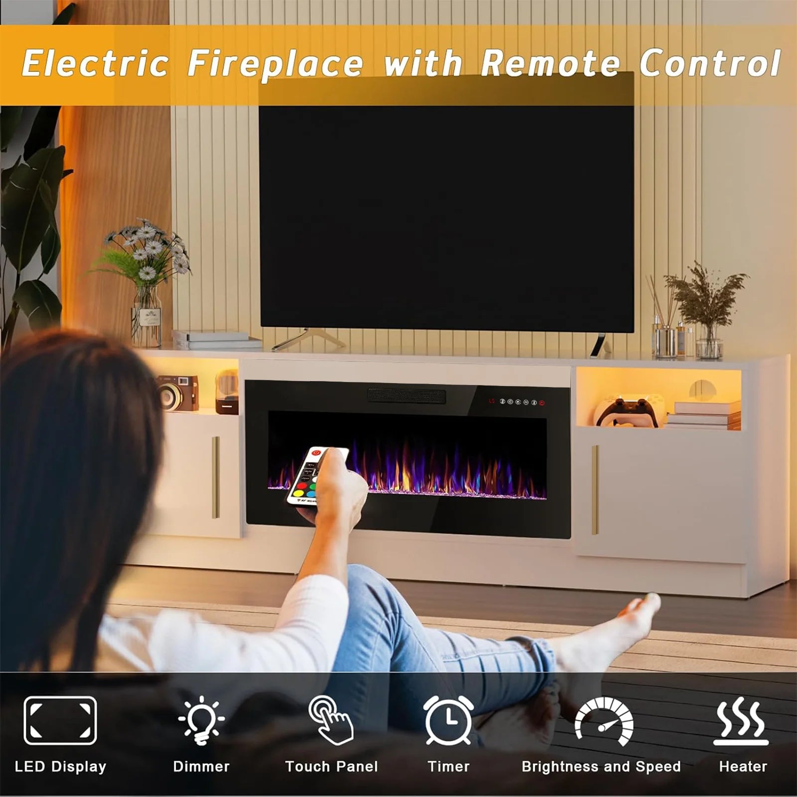 Waleaf Fireplace TV Stand with 36" Electric Fireplace up to 80" Tvs, Modern Wood Media TV Console with Highlight Cabinet, White