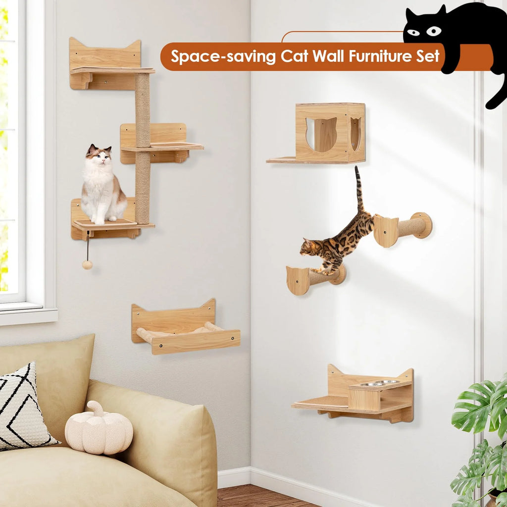 Tangkula 6 Pieces Cat Wall Furniture Set Kitten Wall Mounted Shelves
