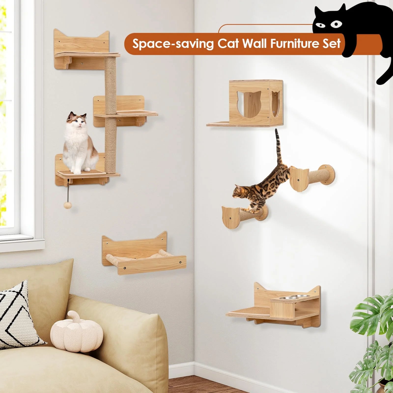 Tangkula 6 Pieces Cat Wall Furniture Set Kitten Wall Mounted Shelves
