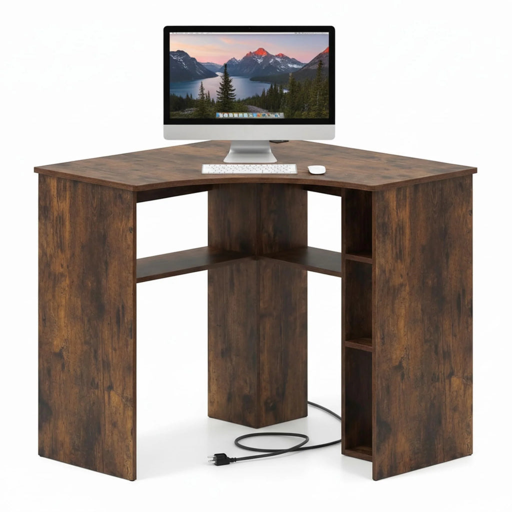Tangkula 90-Degree Triangle Corner Desk with Charging Station & Open Storage Shelves