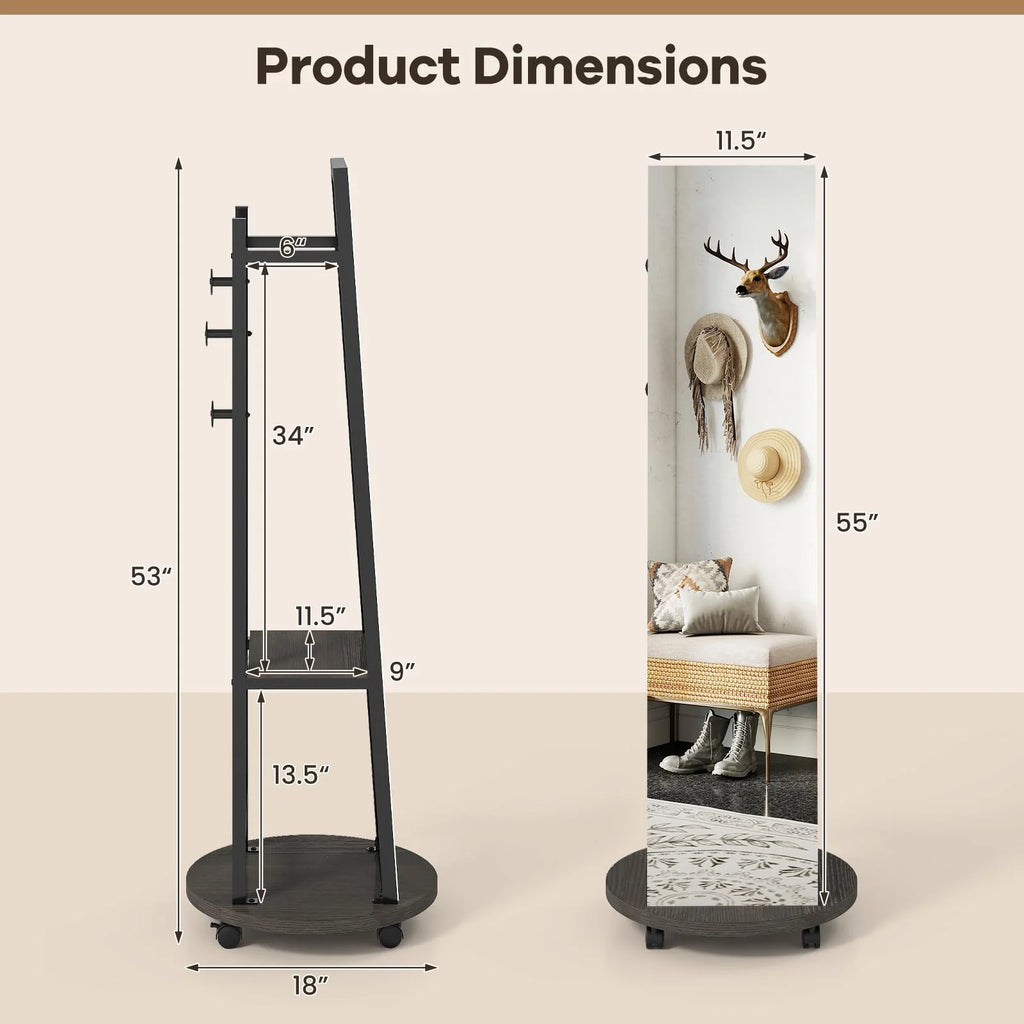 Tangkula Full Length Mirror with Coat Rack Swivel 55" Standing Floor Mirror on Wheels with Shelves