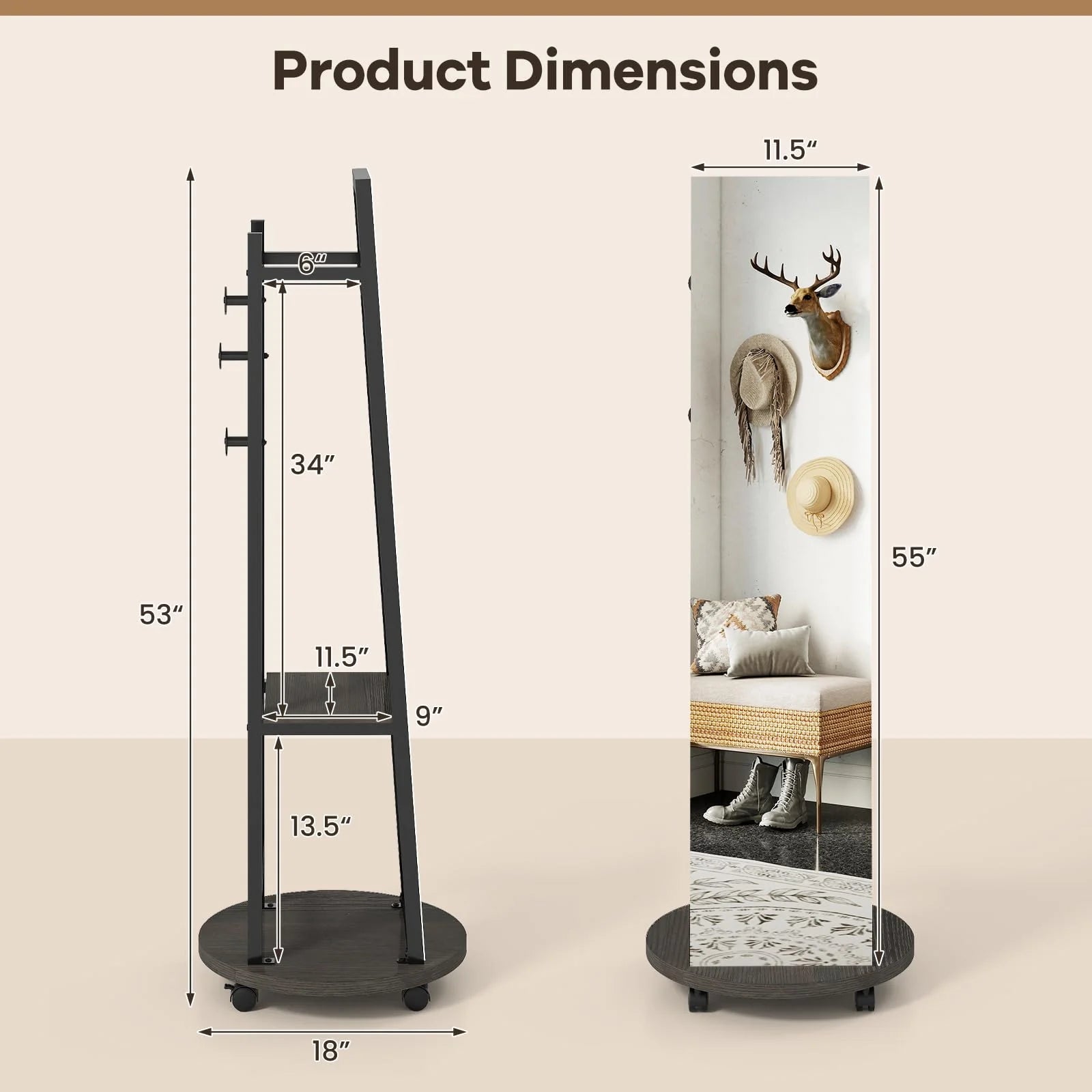 Tangkula Full Length Mirror with Coat Rack Swivel 55" Standing Floor Mirror on Wheels with Shelves