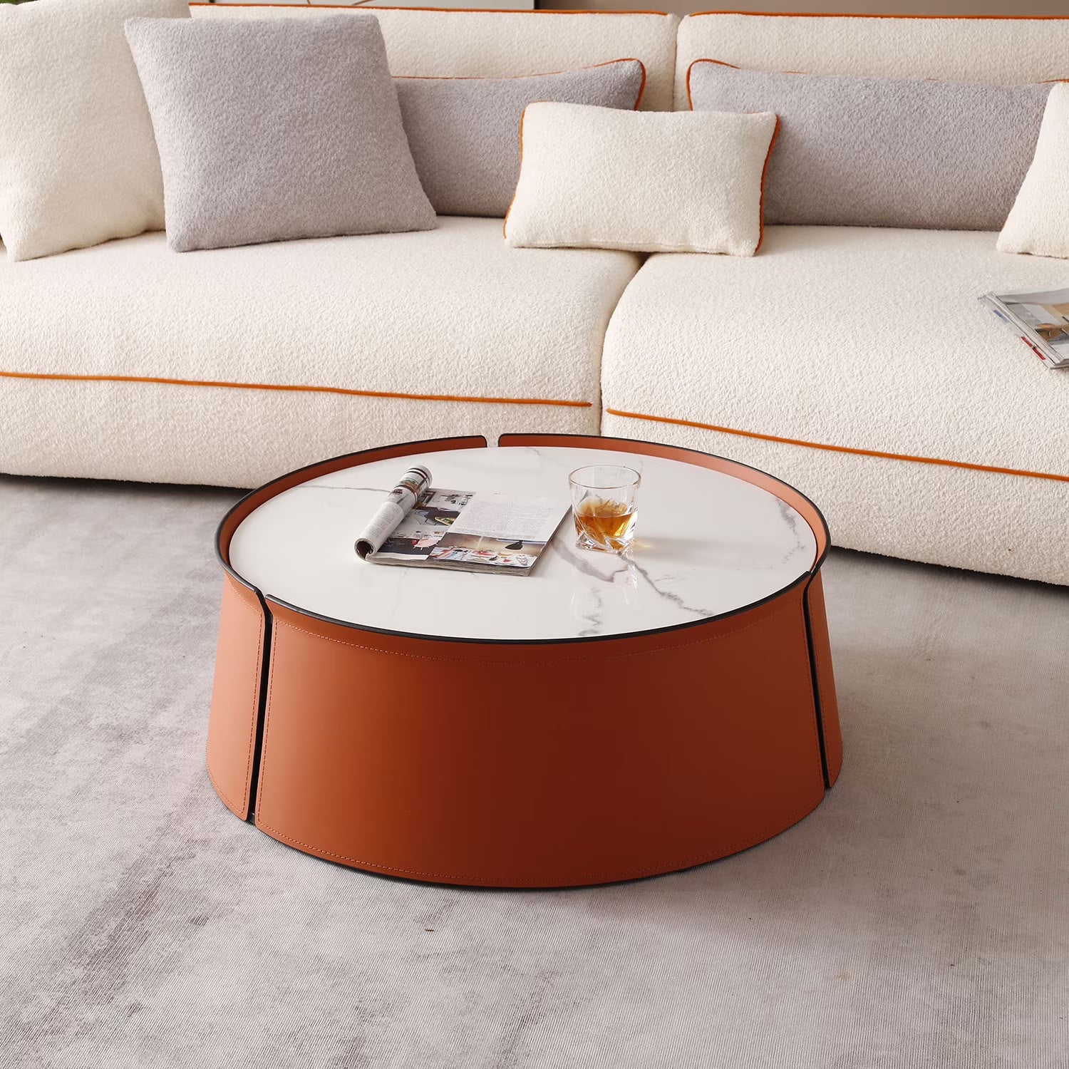 31.5 in Coffee Table, Marble Top+Orange Saddle Leather Body+Iron Frame