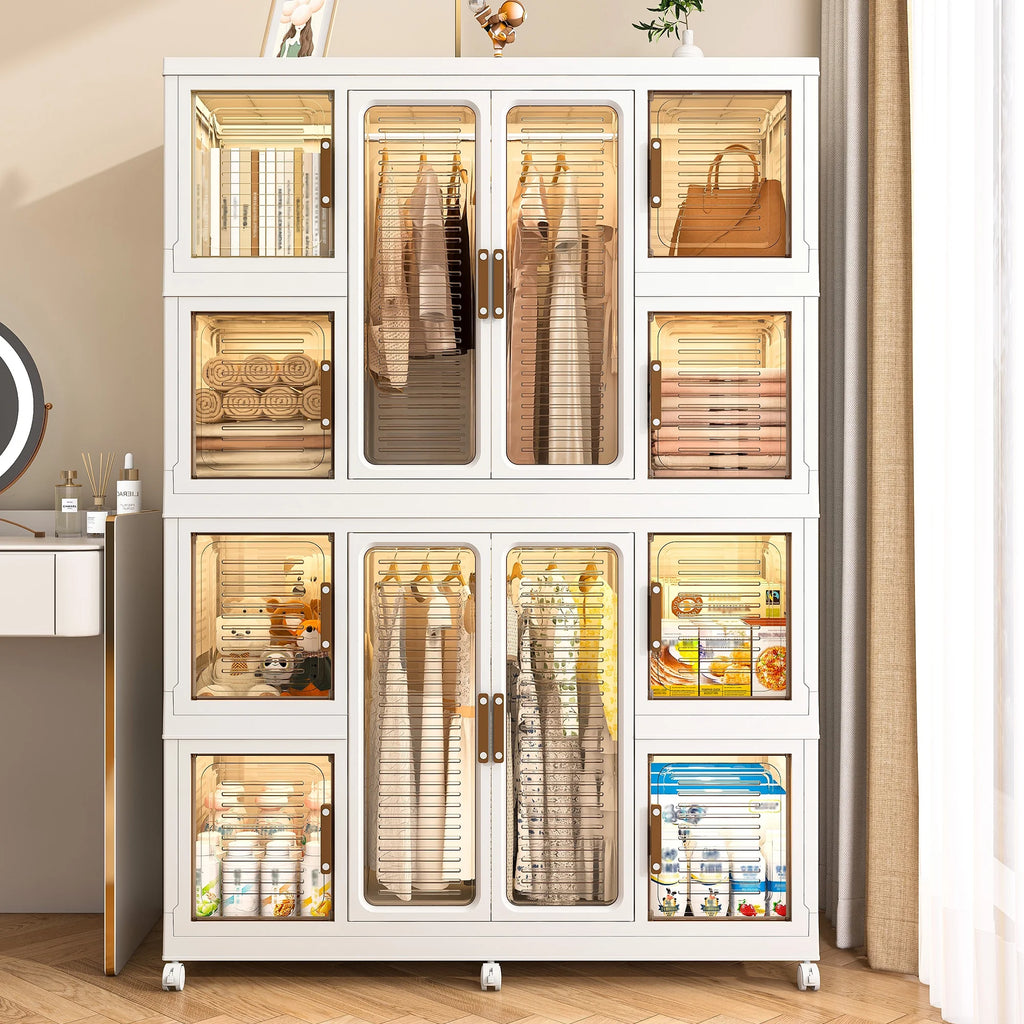 Montary Kids Portable Wardrobe W/ Magnetic Doors & Hanging Rod - 4 - Cube Plastic Storage Cabinet, Nursery/Bedroom