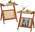 AECOJOY Rattan Side Table Set of 2, Rattan End Table Z-Shaped Boho Nightstand with Glass-top