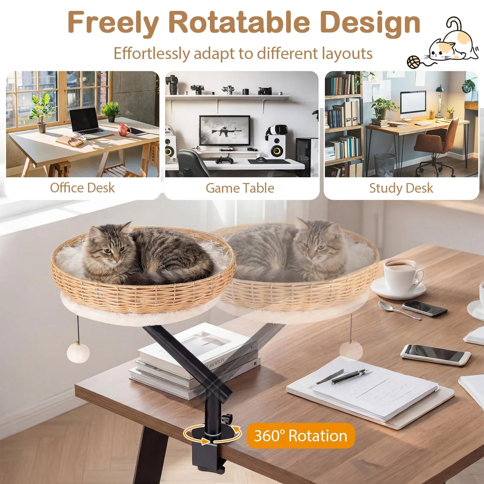 Tangkula Cat Desk Bed 360° Rotatable Rattan Desk Cat Bed Attachment