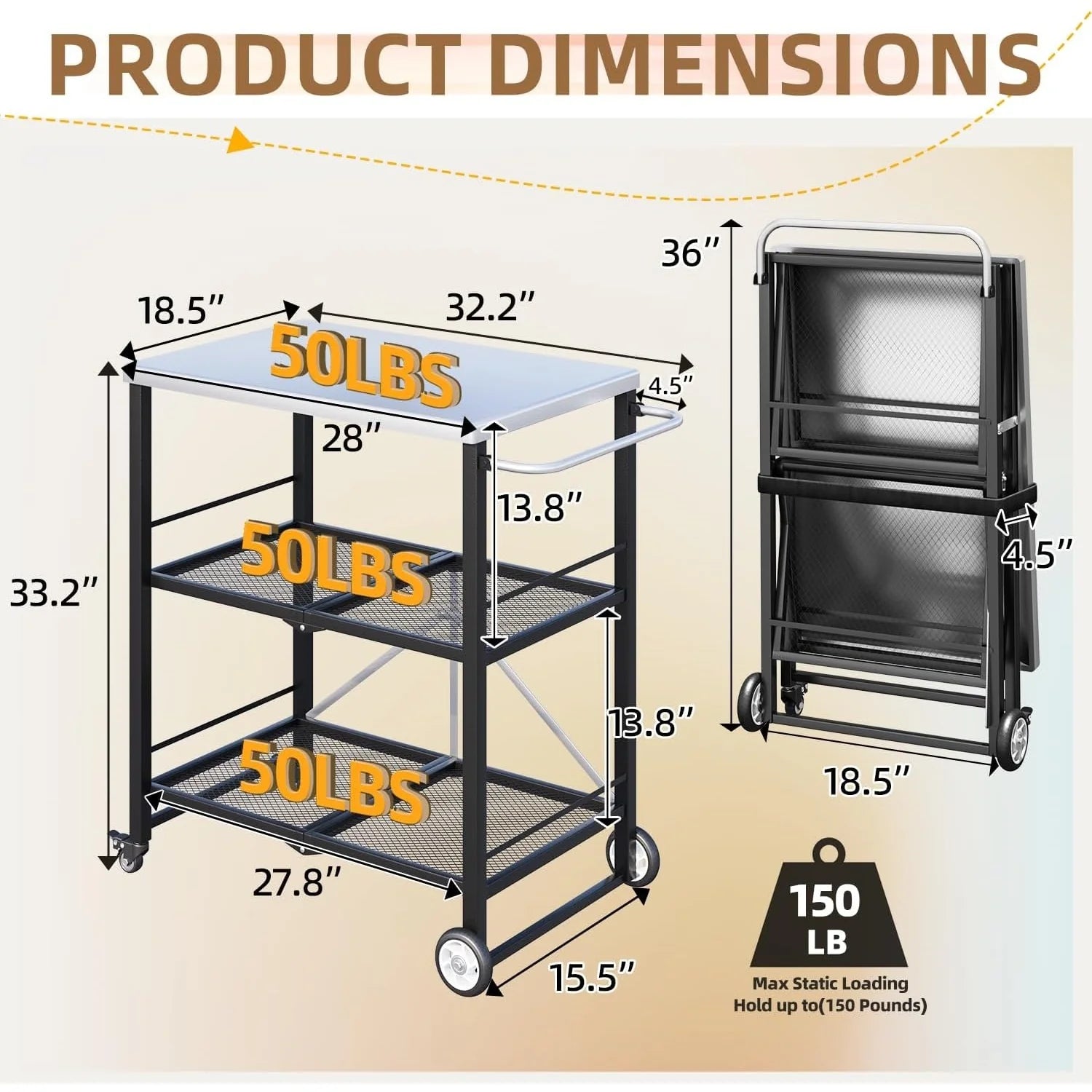 AECOJOY Outdoor Grill Cart Table, Stainless Steel Pizza Oven Stand Trolley Table with Wheels & Handle, Silver
