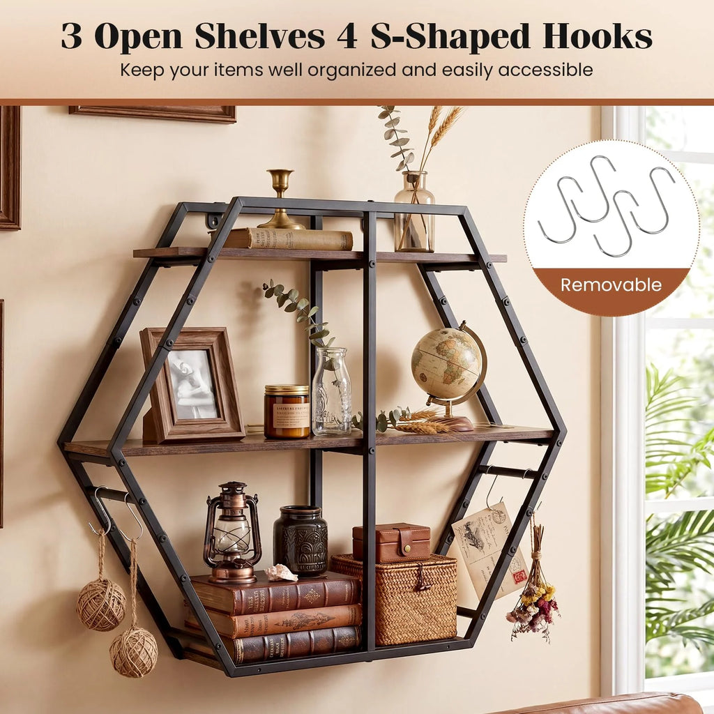 Tangkula Hexagon Wall Shelf with 4 S-Shaped Hooks & Heavy Duty Metal Frame