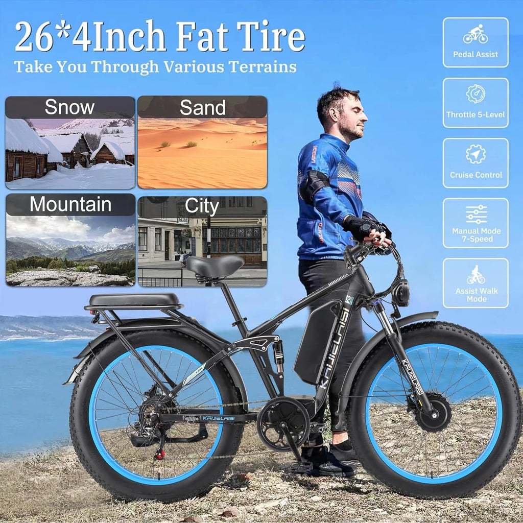 KAIJIELAISI Electric Bike for Adults, AWD Ebikes Dual Motor Peak 6000W, 26'' Fat Tire Bikes with 52V 26AH Battery Hydraulic Brake ​​electric Bicycle, 7 Speed Mountain Ebike UL 2849