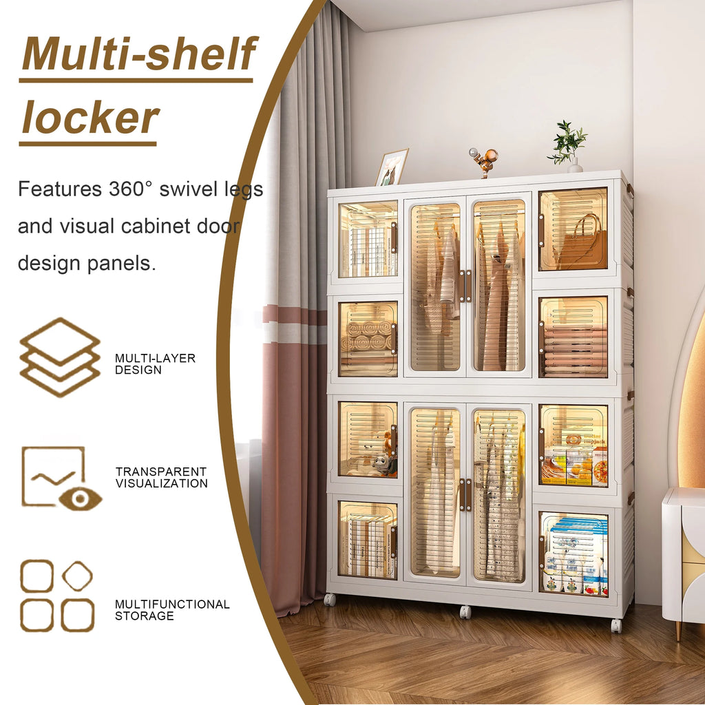 Montary Kids Portable Wardrobe W/ Magnetic Doors & Hanging Rod - 4 - Cube Plastic Storage Cabinet, Nursery/Bedroom