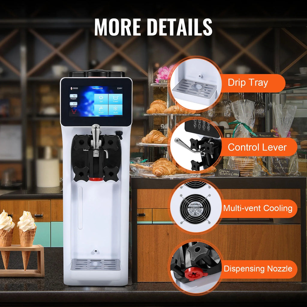 KFFKFF Commercial Ice Cream Machine 2.7 - 4gal/10 - 15 L/H 4 L Hopper Single Flavor Countertop Soft Serve Ice Cream Maker Auto Clean Pre - Cooling