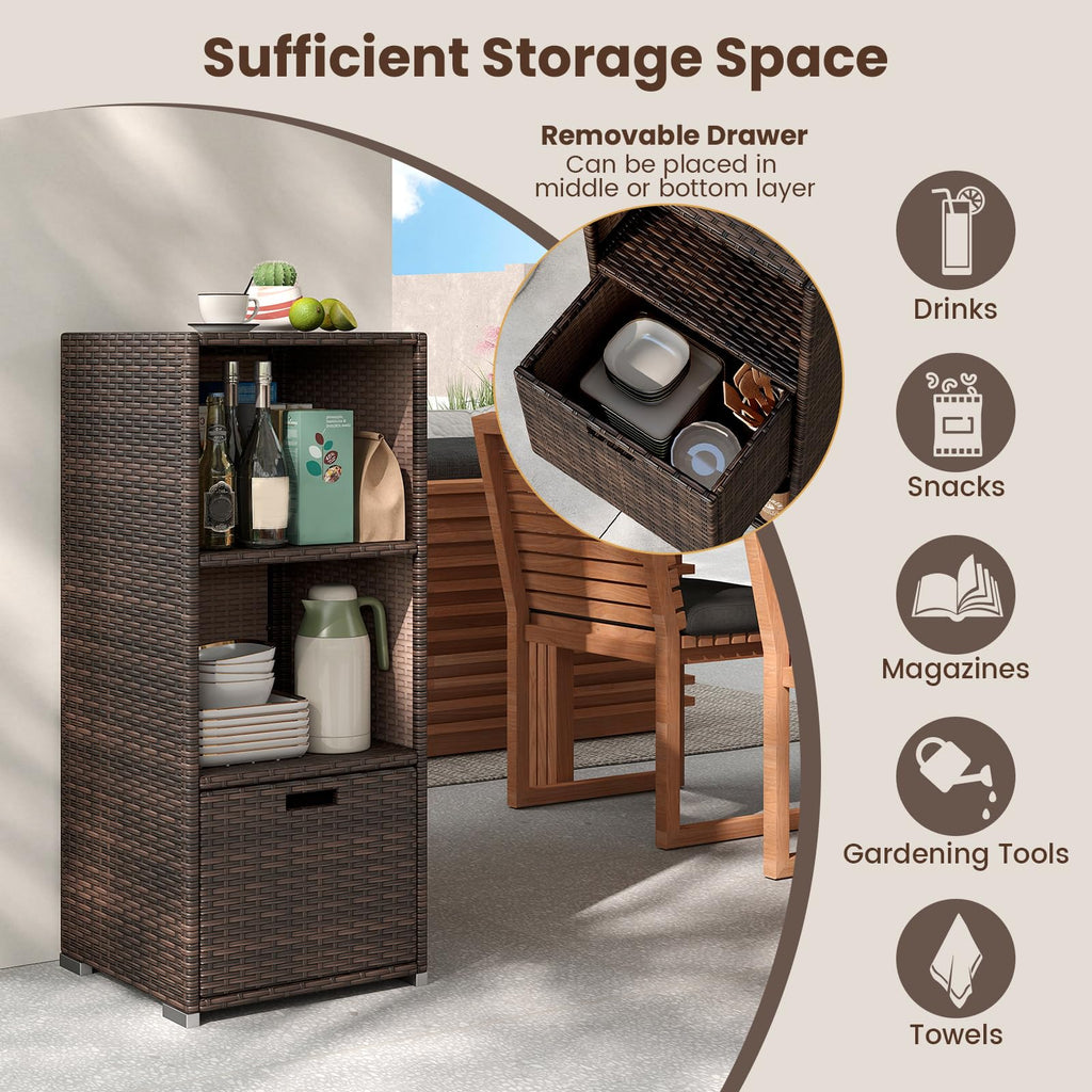 Tangkula Rattan Patiojoy Outdoor Wicker Cabinet with 3 Shelves