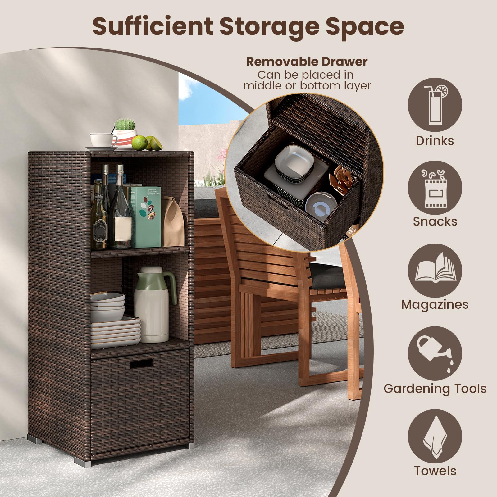 Tangkula Rattan Patiojoy Outdoor Wicker Cabinet with 3 Shelves
