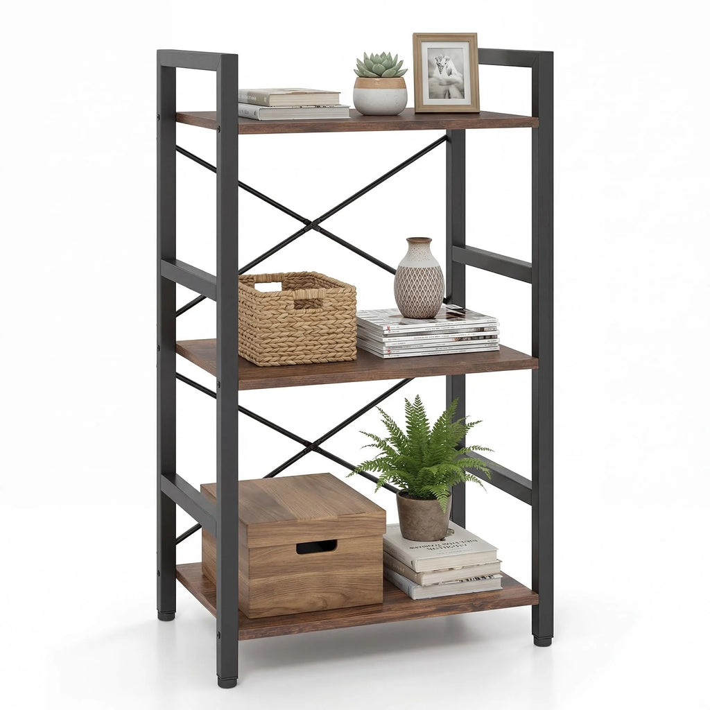Tangkula 16.5" Width Wooden Open 3-Tier Industrial Bookshelf (1/2)